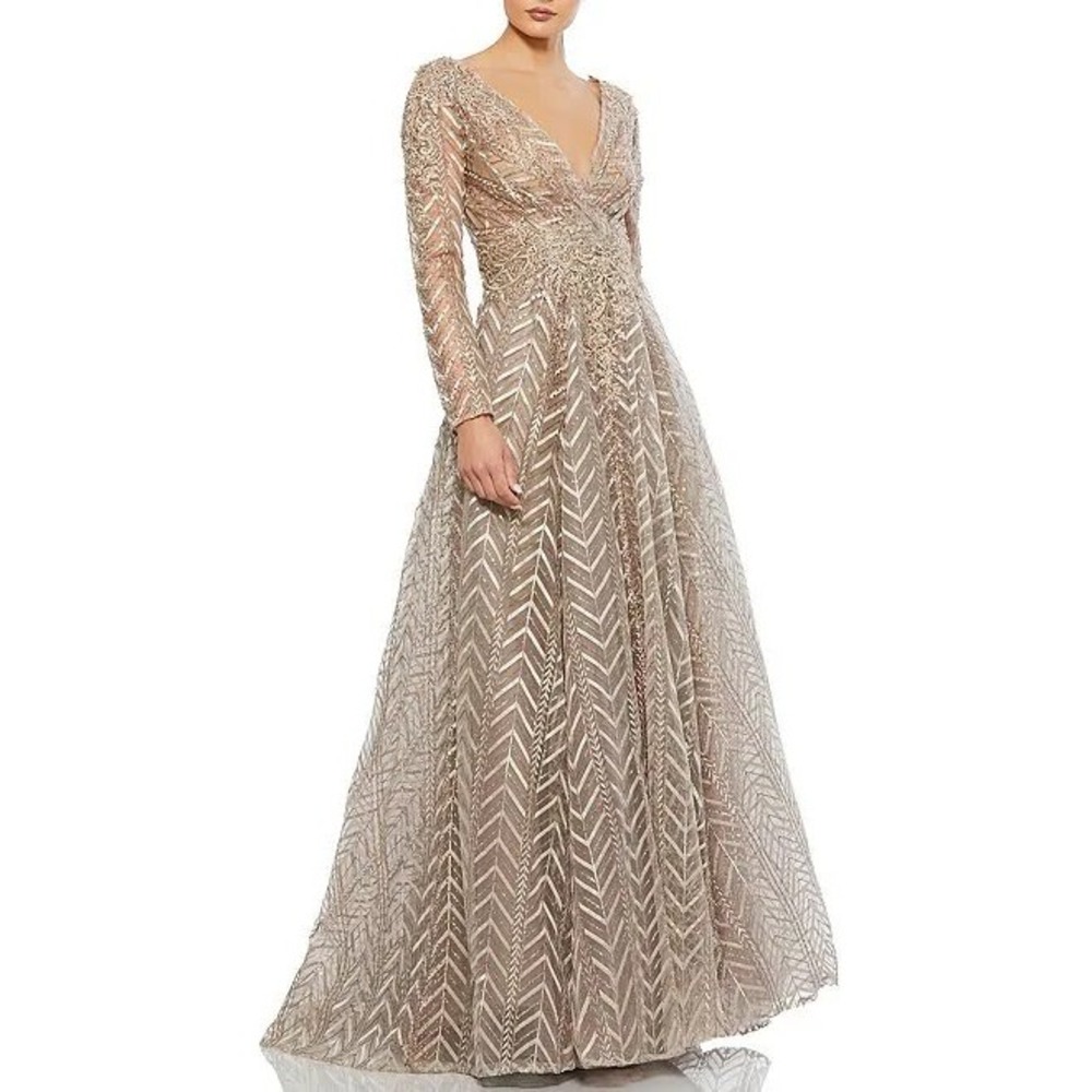 Mac Duggal Chevron Sequin Lace Long Sleeve Gown Taupe Gold Formal A Line size 16 - Picture 4 of 16